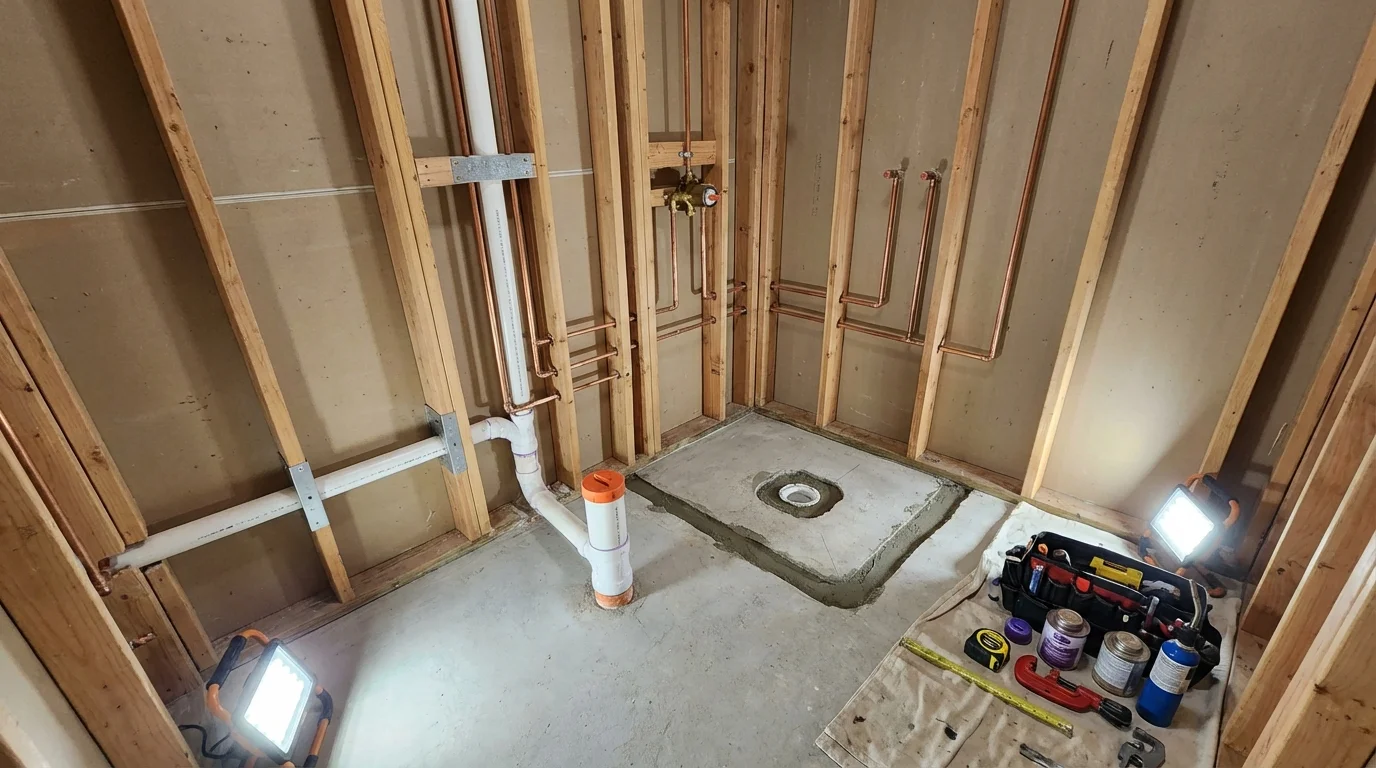 Bathroom rough-in plumbing during remodel by Johns Plumbing LLC in Boynton Beach