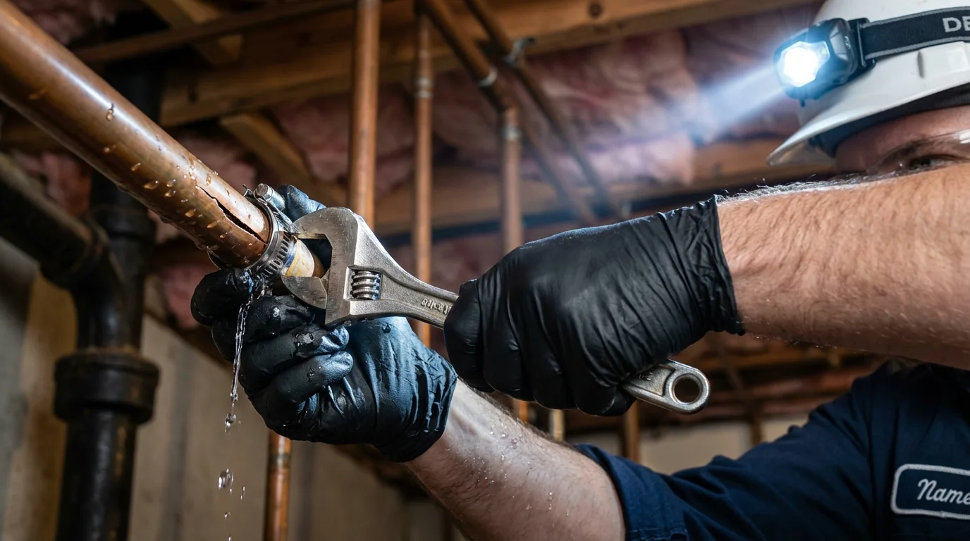 Emergency pipe clamp repair being performed by a Johns Plumbing LLC plumber in Boynton Beach