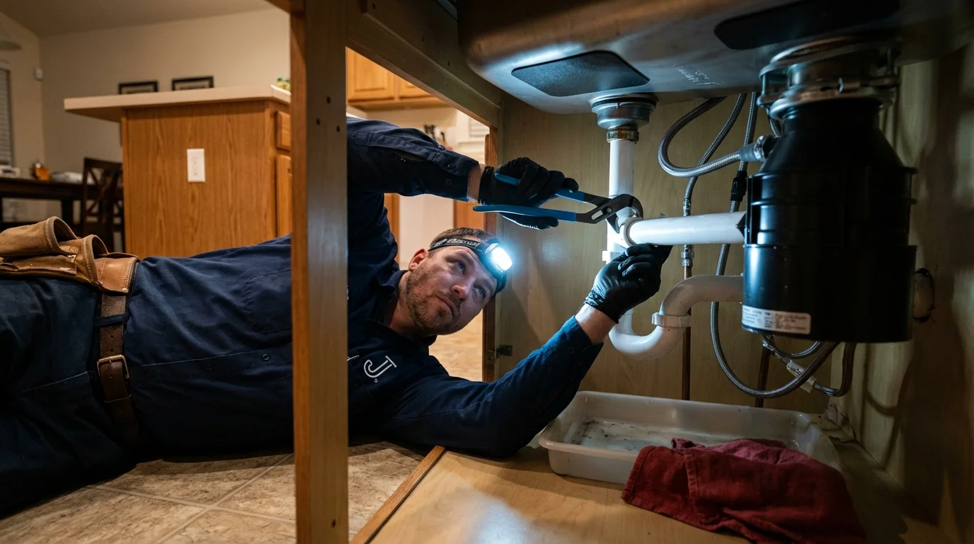 P-trap and supply line connections under a kitchen sink showing a common leak point in Boynton Beach, FL